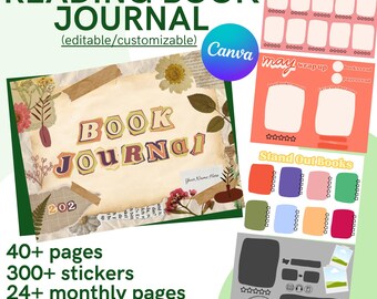 DIGITAL Reading Book Journal Planner: Canva Template Book Lover Reading Tracker and Log Record Reviews, Favorite Books, TBR List