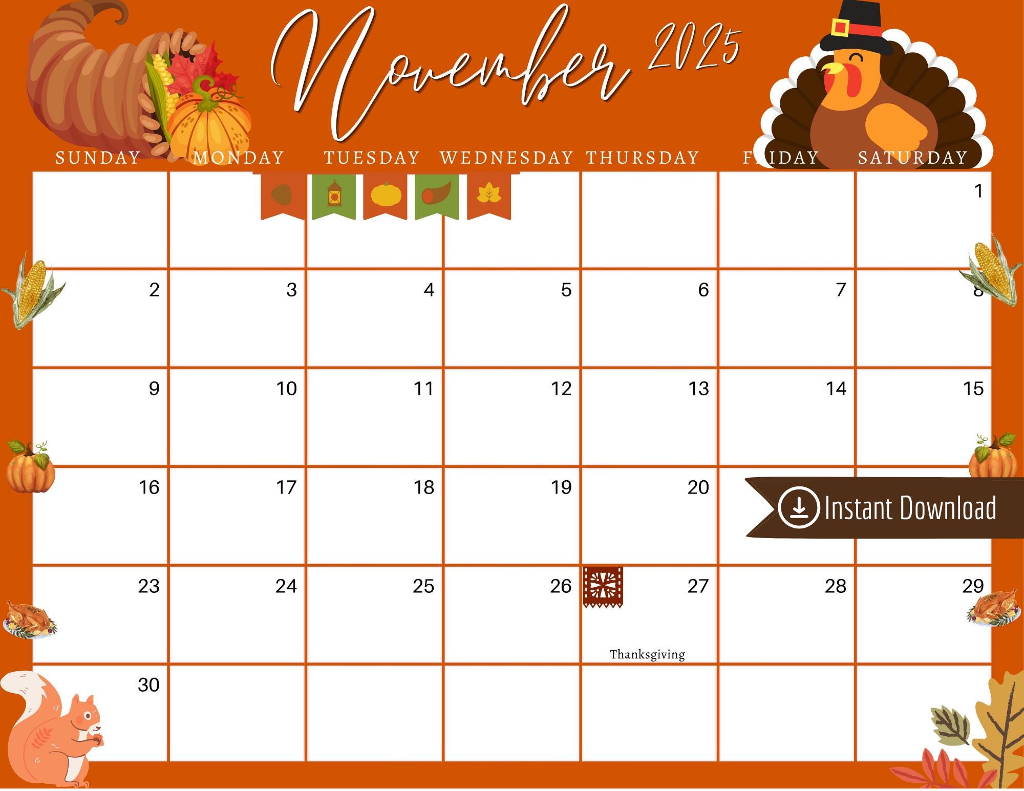 November 2025 Digital Calendar Orange Thanksgiving Planner Editable Fillable Printable Calendar for Planning PDF, PNG and JPG Download - Etsy