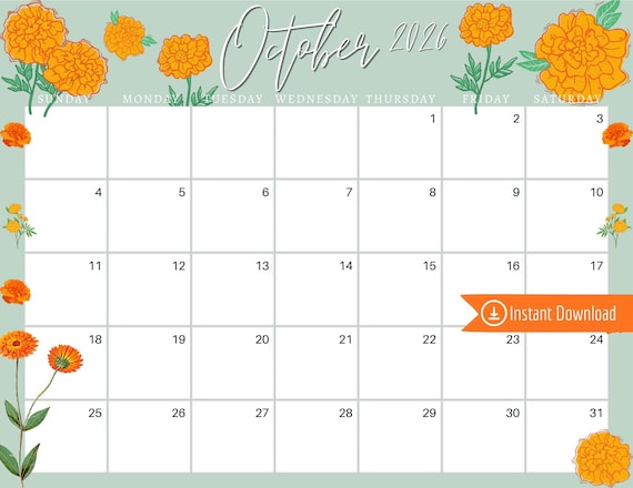 October 2026 Calendar: Orange Marigold Flowers, Printable ...