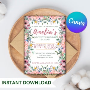 Floral Birthday Tea Party Invitation: Editable Canva Template (Digital Invite)