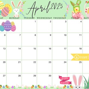 April 2025 Digital Calendar Mint Easter Sunday Editable Fillable ...