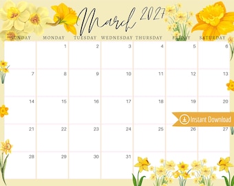 March 2027 Daffodils Calendar: Editable Printable Planner (PDF, PNG, JPG)