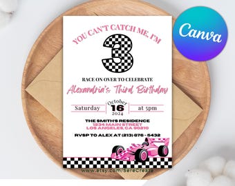 Invitación de tercer cumpleaños de coche de carreras rosa: Plantilla editable de Canva (descarga digital)