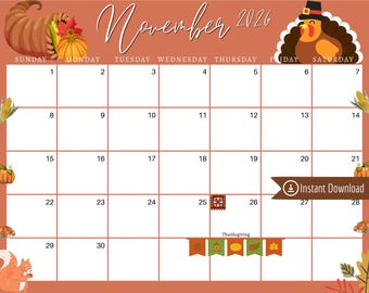 November 2026 Peach Thanksgiving Planner: Editable Printable Calendar (PDF, PNG, JPG)