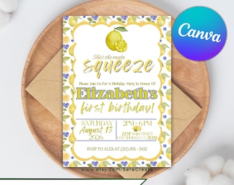 Lemon Birthday Party Invitation: Editable Canva Template (Digital Invite)