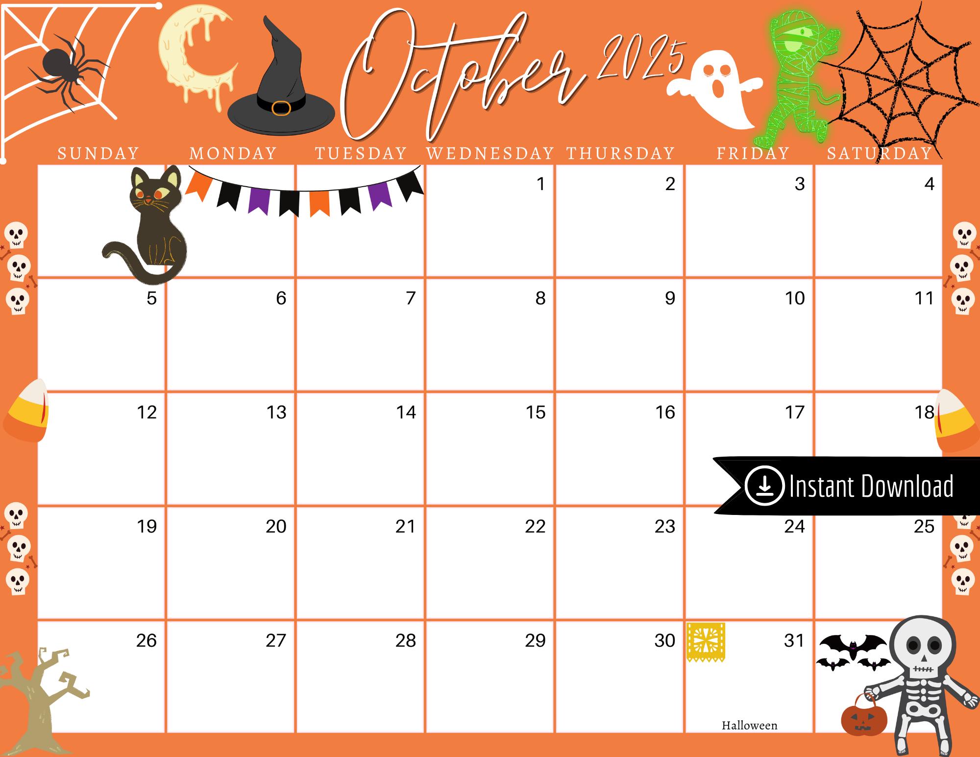 October 2025 Digital Calendar Orange Halloween Planner Editable Fillable Printable Calendar for Planning PDF, PNG and JPG Download - Etsy