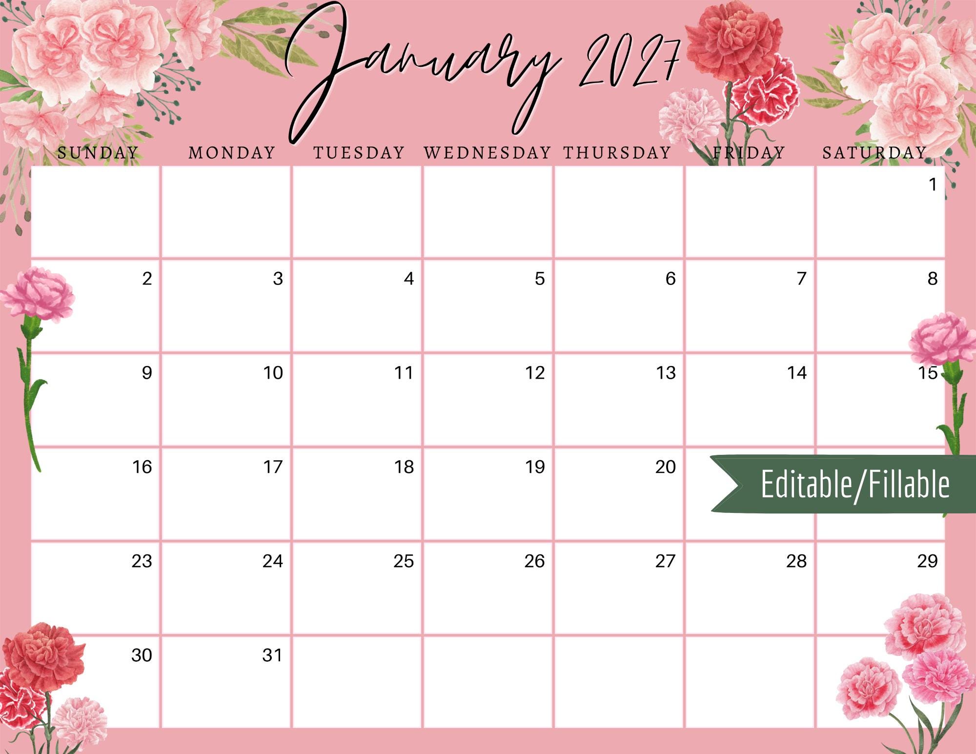 January 2027 Calendar: Pink Carnations, Editable Printable (PDF, PNG, JPG)  - Etsy