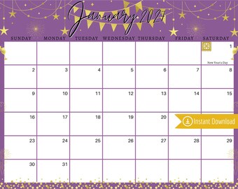 January 2027 Digital Calendar: Purple New Year Planner (PDF, PNG, JPG Download)
