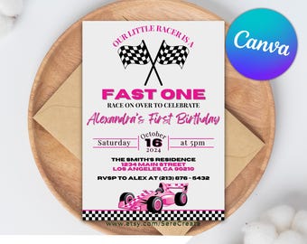 Pink Racing Car Birthday Invitation: Editable Canva Template (Digital Download)
