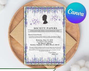 Lady Society Papers Birthday Invitation: Editable Canva Template (Digital Download)