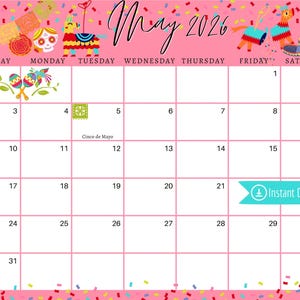 Calendrier numérique mai 2026 - Cinco De Mayo Fiesta Planner rose, calendrier imprimable à remplir modifiable pour la planification - Téléchargement PDF, PNG et JPG
