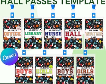 Sports Classroom Hall Passes Lanyard Template: Editable Teacher Resource (Canva Download)