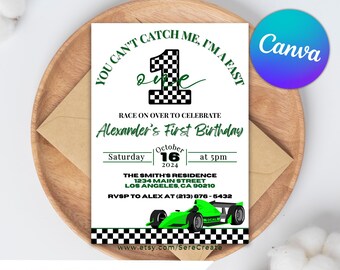 First Birthday Racing Car Invitation: Green Open Wheel, Editable Canva (Digital Download)