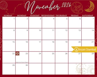 November 2026 Digital Calendar: Red Scorpio Astrology Planner (PDF, PNG, JPG Download)