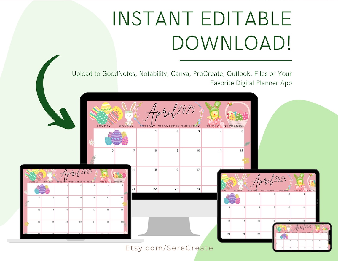 April 2025 Digital Calendar Light Pink Easter Sunday Editable Fillable
