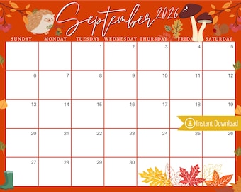 September 2026 Calendar: Orange Harvest Leaves Planner (Digital Download)
