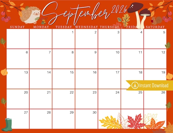 September 2026 Calendar: Orange Harvest Leaves Planner (digital ...