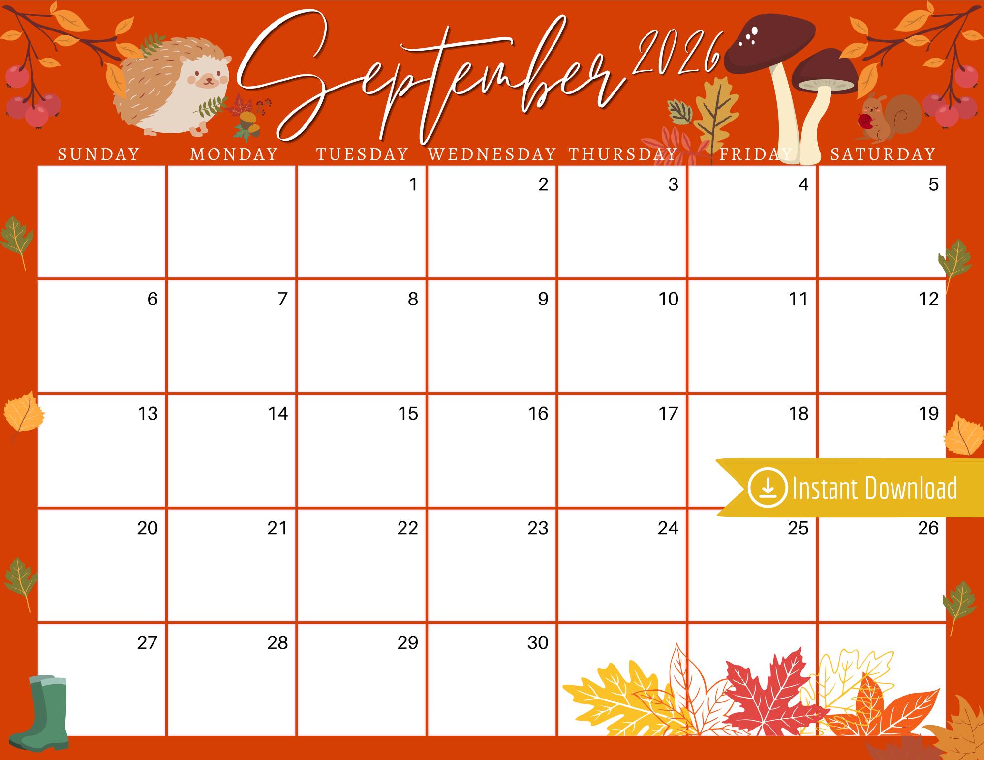 September 2026 Calendar: Orange Harvest Leaves Planner (digital ...