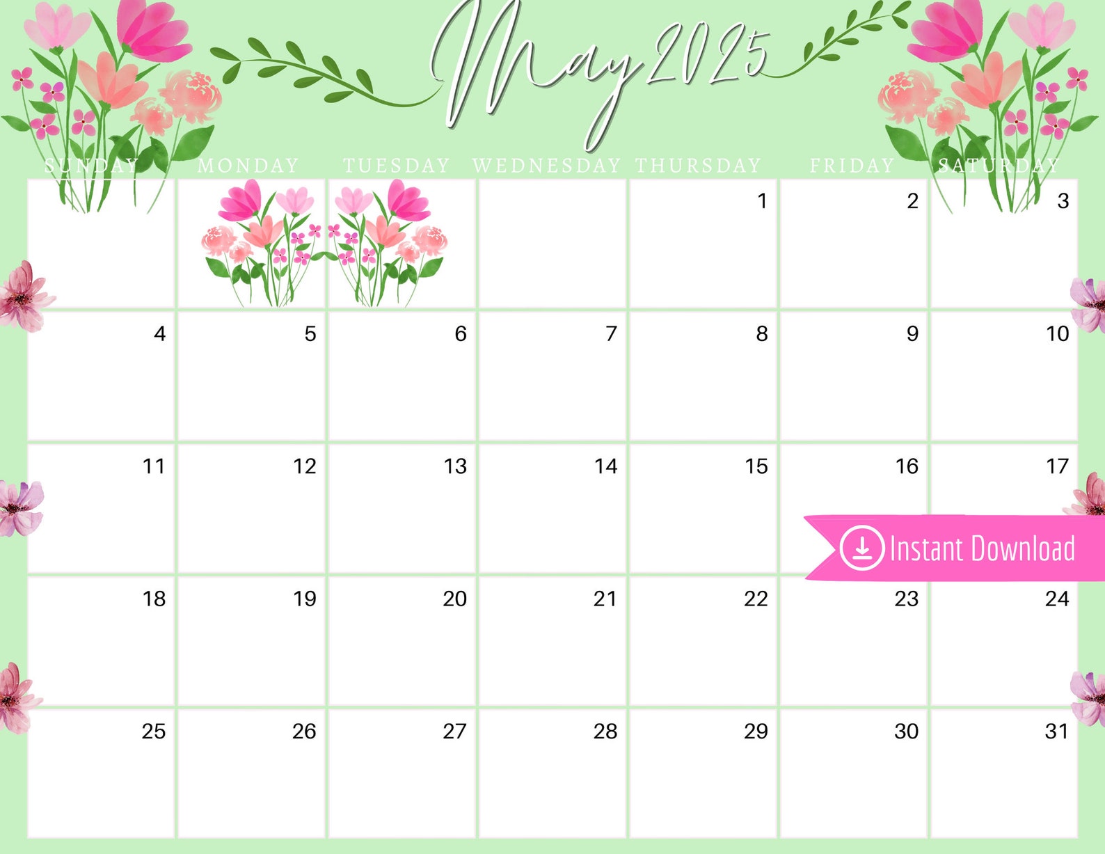 May 2025 Digital Calendar - Green and Pink May Flowers Planner Editable ...