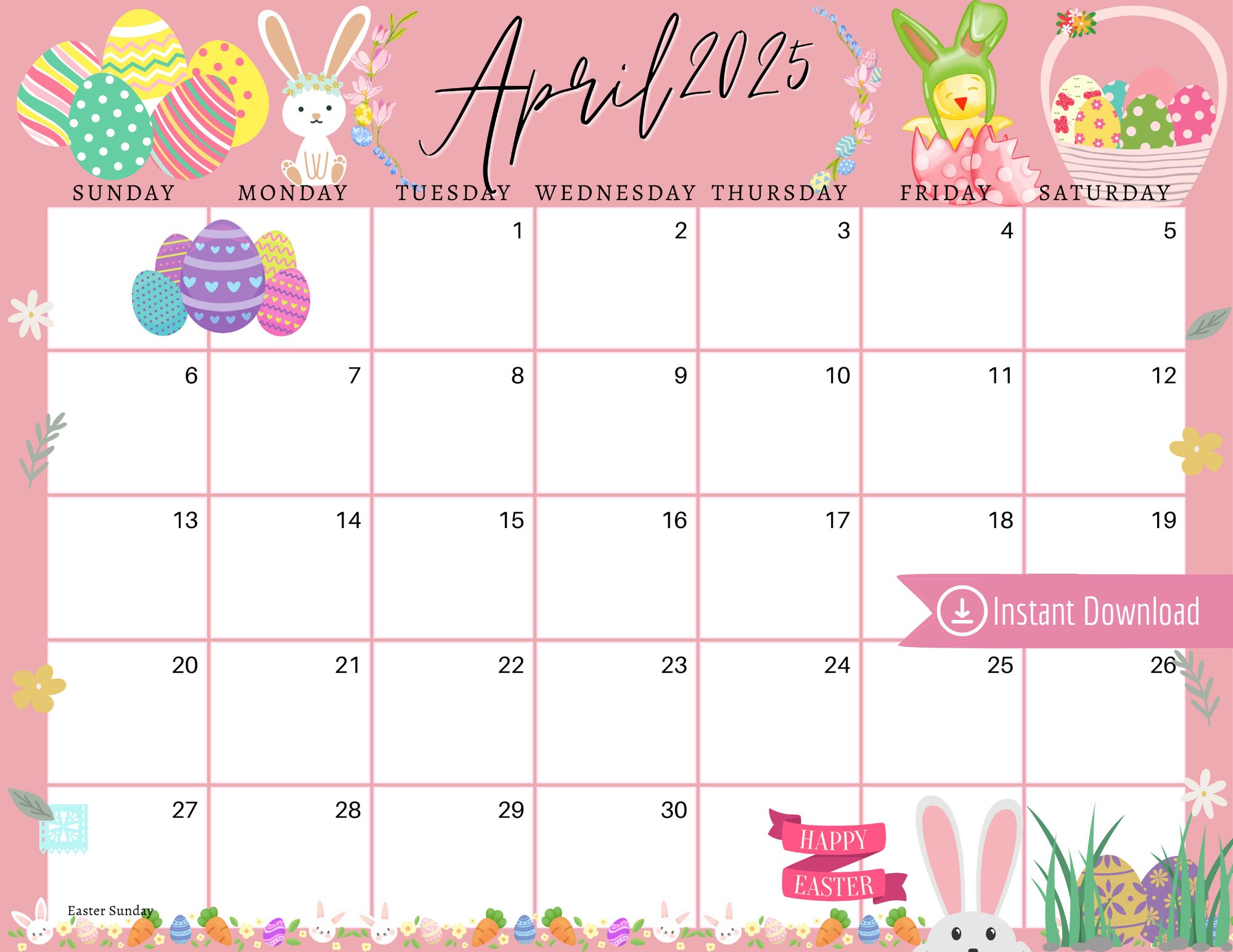 April 2025 Digital Calendar Light Pink Easter Sunday Editable Fillable