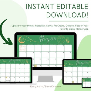 May 2025 Digital Calendar - Green and Gold Taurus Astro Planner ...