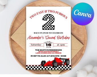 Fast Car Second Birthday Invitation: Racing Party, Editable Canva (Digital Download)