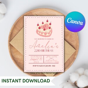 Pink Coquette Vintage Heart Cake Birthday Invite - Instant, Editable, Download Canva - DIY Customizable Birthday Invitation - Digital Invite