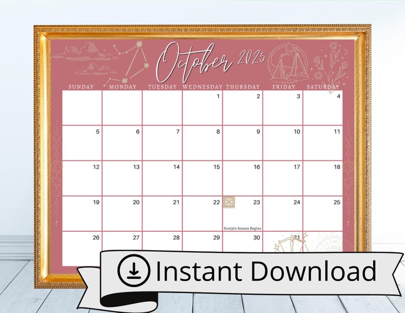 October 2025 Digital Calendar Mauve Libra Astrology Planner Editable