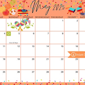 May 2025 Digital Calendar Orange Cinco De Mayo Fiesta Planner Editable