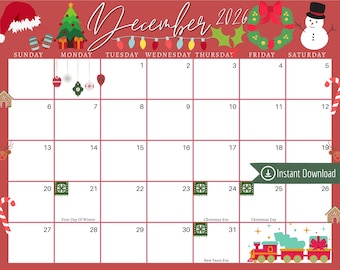 December 2026 Christmas Calendar: Red Holiday Planner (PDF, PNG, JPG)