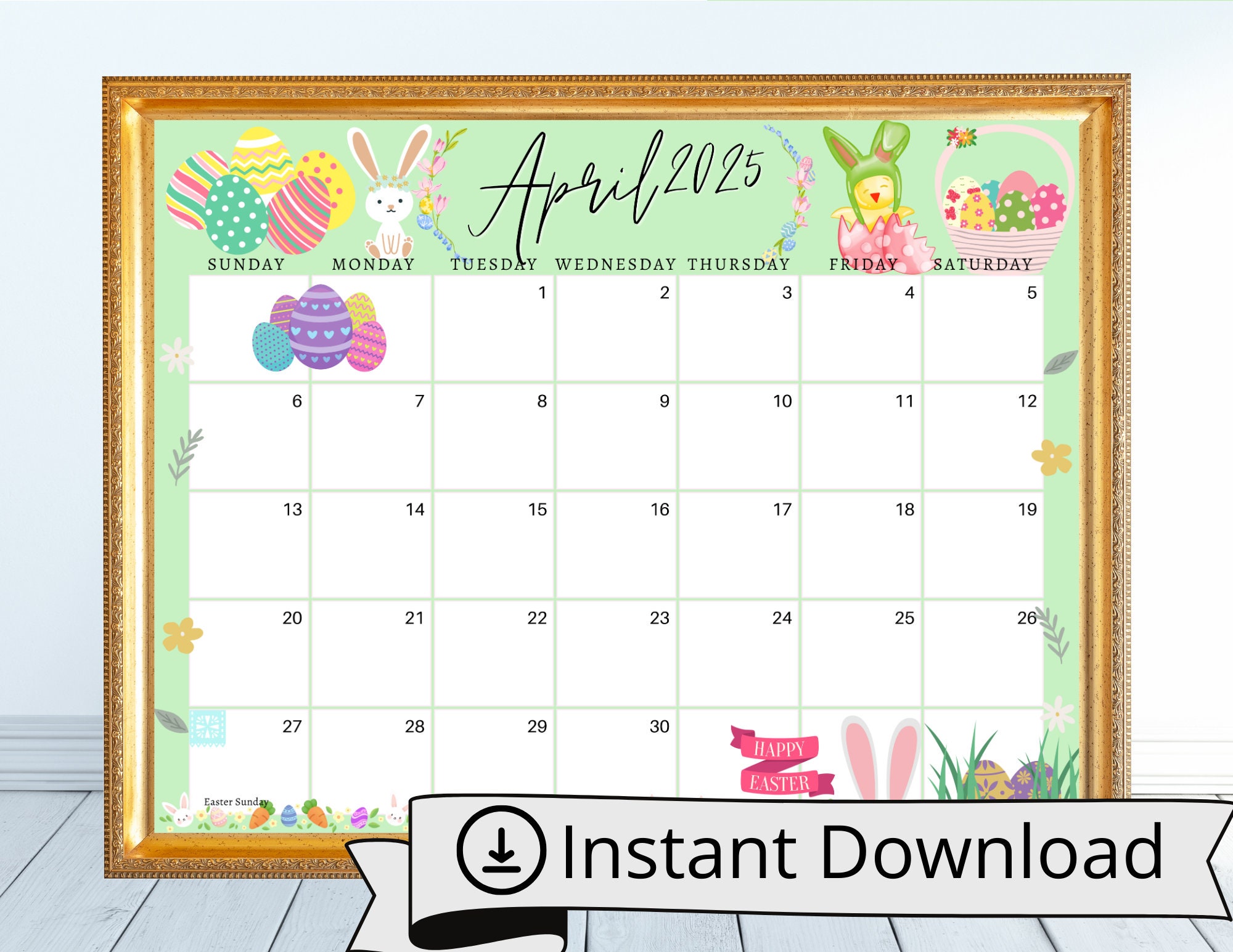 April 2025 Digital Calendar Mint Easter Sunday Editable Fillable
