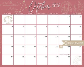 October 2026 Digital Calendar: Mauve Libra Astrology Planner (PDF, PNG, JPG Download)