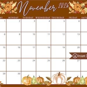 November 2026 Calendar: Brown Fallen Leaves Planner (PDF, PNG, JPG Download)