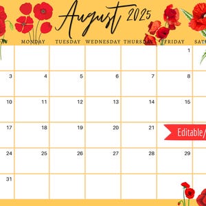 August 2025 Digital Calendar - Red Poppy Flowers Planner Editable