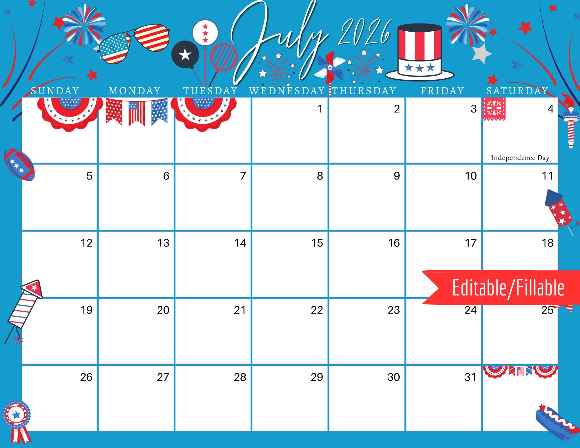 July 2026 Digital Calendar: Blue 4th of July Planner (PDF, PNG ...