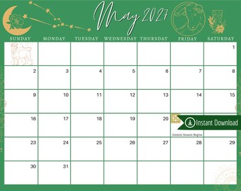 May 2027 Taurus Astro Calendar: Green and Gold Printable Planner (PDF, PNG, JPG)