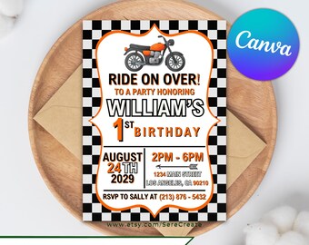 Invitación para el primer cumpleaños del Club de Motociclistas Naranja: Plantilla editable de Canva (descarga digital)