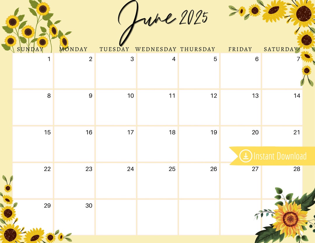 June 2025 Digital Calendar - Yellow Sunflowers Planner Editable ...