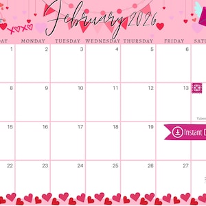 Calendario digital de febrero de 2026: Planificador rosa de San Valentín (PDF, PNG, JPG)