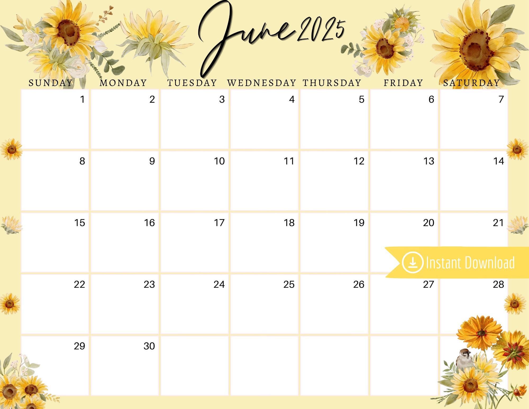June 2025 Digital Calendar - Yellow Sunflowers Planner Editable ...