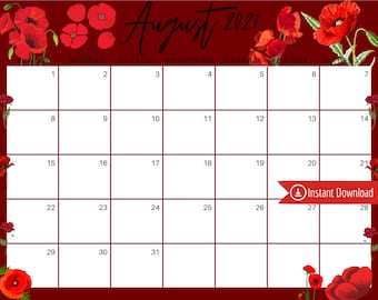 August 2027 Calendar: Dark Red Poppy Flowers, Editable Planner (PDF, PNG, JPG Download)