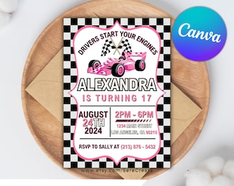 Pink Racing Car Birthday Invitation: Editable Canva Template (Digital Download)