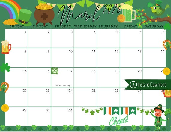March 2026 St. Patrick's Day Calendar: Editable Printable Planner ...