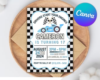 Blue Racing Car Birthday Invitation: Editable Canva Template (Digital Download)