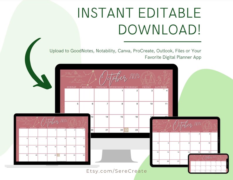 October 2025 Digital Calendar Mauve Libra Astrology Planner Editable