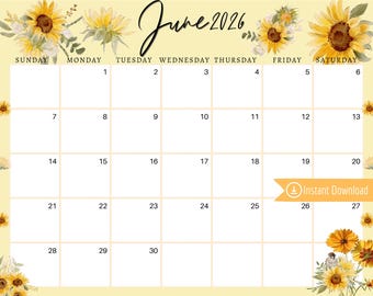 June 2026 Sunflower Calendar: Printable Planner (PDF, PNG, JPG Download)
