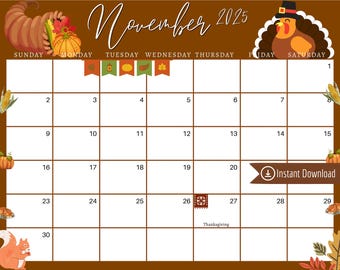 November 2026 Brown Thanksgiving Planner: Editable Printable Calendar (PDF, PNG, JPG)
