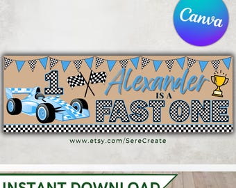 Banner de primer cumpleaños con diseño de coche de carreras azul: Decoración para fiesta de coches Fast One (Descarga digital)