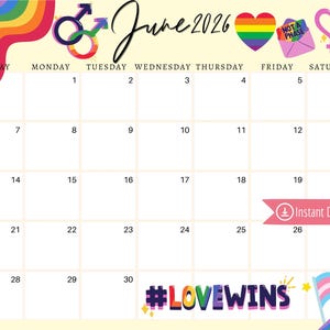 Queer Pride digitale kalender juni 2026: bewerkbare planner (pdf, png, jpg-download)