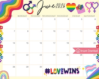 Queer Pride June 2026 Digital Calendar: Editable Planner (PDF, PNG, JPG Download
